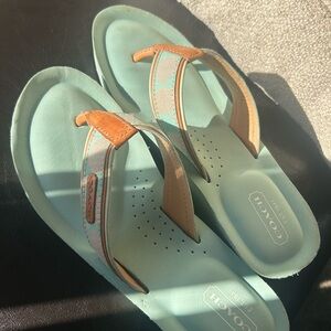 Coach Mint Green and Tan Logo Thong Sandals